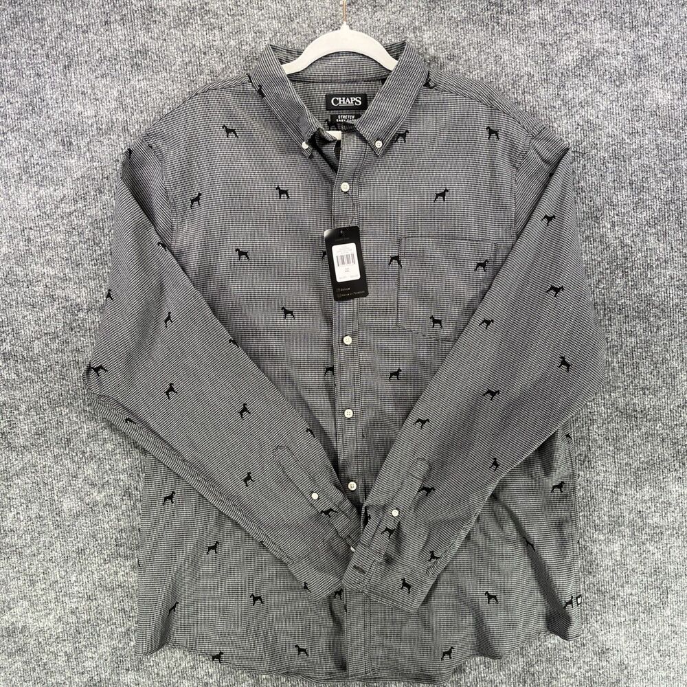 Chaps Men’s XXL Black Houndstooth Button Down Shirt Dog Print NWT $60